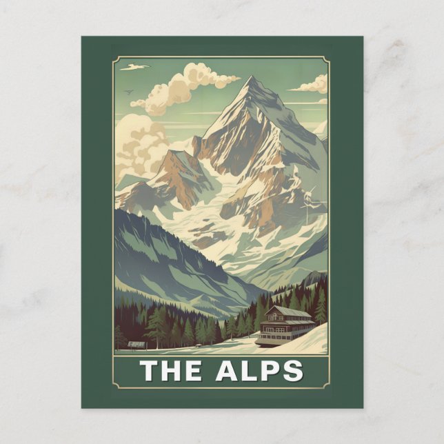 Vintage The Alps Travel Skiing Mountain Lodge Postkarte (Vorderseite)