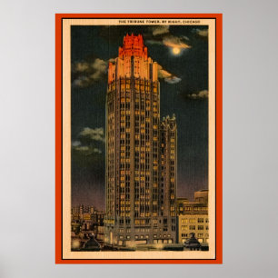 Vintage The Tribune Tower bei Nacht Chicago Poster