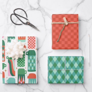 Vintage Thermoskannen, rot, grün und weiß Geschenkpapier Set