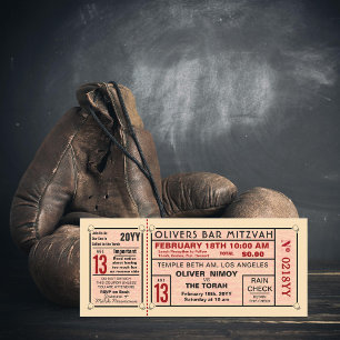 Vintage-Ticket-Boxhandschuhe Bar Mizwa Rot Einladung
