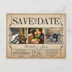 Vintage-Ticket Save-the-Date -- 3 Bilder 2.0 Ankündigungspostkarte