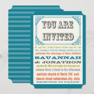Vintage-Ticket-Typografie Teal Gelb Orange Koralle Einladung