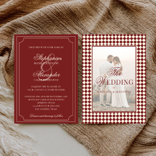 Vintage tiefrote karierte Old Money Foto Hochzeit Einladung