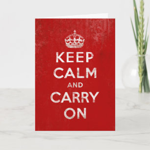 Vintage Tiefrotes Abgenutztes Keep Calm und Carry Karte