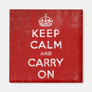 Vintage Tiefrotes Abgenutztes Keep Calm und Carry Magnet