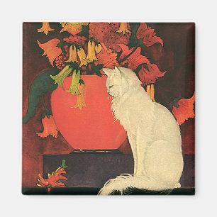 Vintage Tiere, elegante weiße Katze, Blume im Herb Magnet