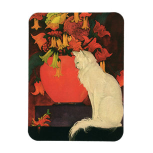 Vintage Tiere, elegante weiße Katze, Blume im Herb Magnet