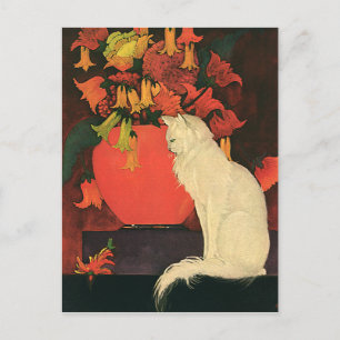Vintage Tiere, elegante weiße Katze, Blume im Herb Postkarte