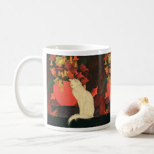 Vintage-Tiere, elegante weiße Katze, Herbstblumen Tasse
