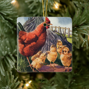 Vintage Tiere, Hühner mit Baby-Chicks auf Bauernho Keramikornament