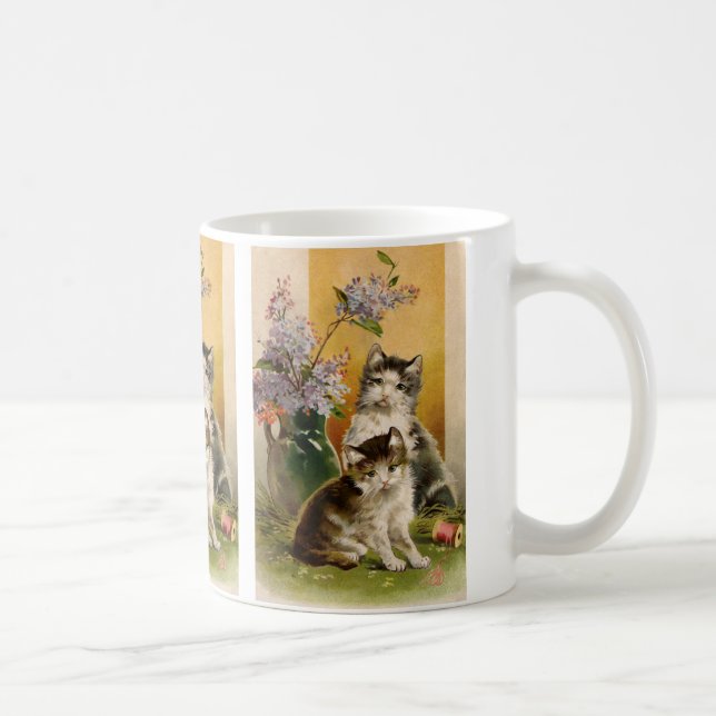 Vintage Tiere, Niedliche Viktorianische Katzen und Kaffeetasse (Rechts)