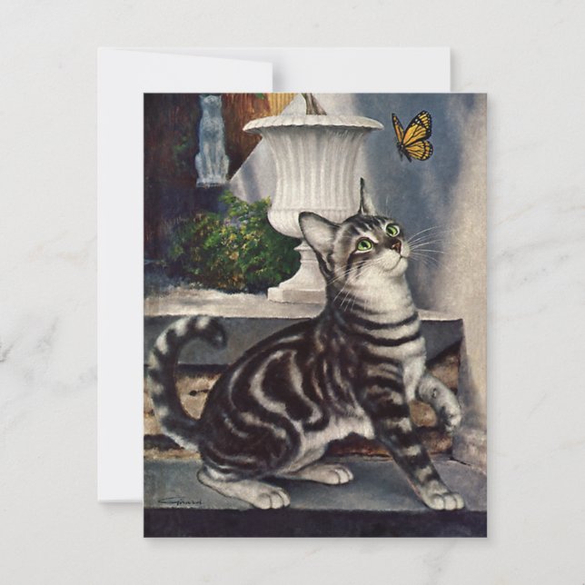 Vintage Tiere, Niedlicher Tabby Cat und Schmetterl (Vorderseite)