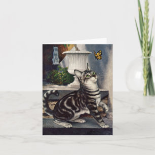 Vintage Tiere, Niedlicher Tabby Cat und Schmetterl Karte