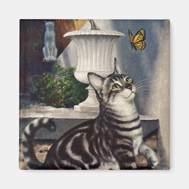 Vintage Tiere, Niedlicher Tabby Cat und Schmetterl Magnet (Vorne)