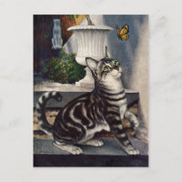Vintage Tiere, Niedlicher Tabby Cat und Schmetterl