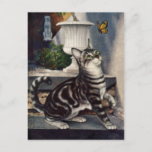 Vintage Tiere, Niedlicher Tabby Cat und Schmetterl Postkarte