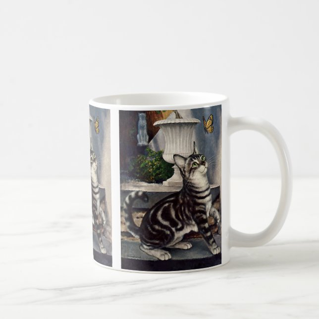 Vintage Tiere, Niedlicher Tabby Cat und Schmetterl Tasse (Rechts)