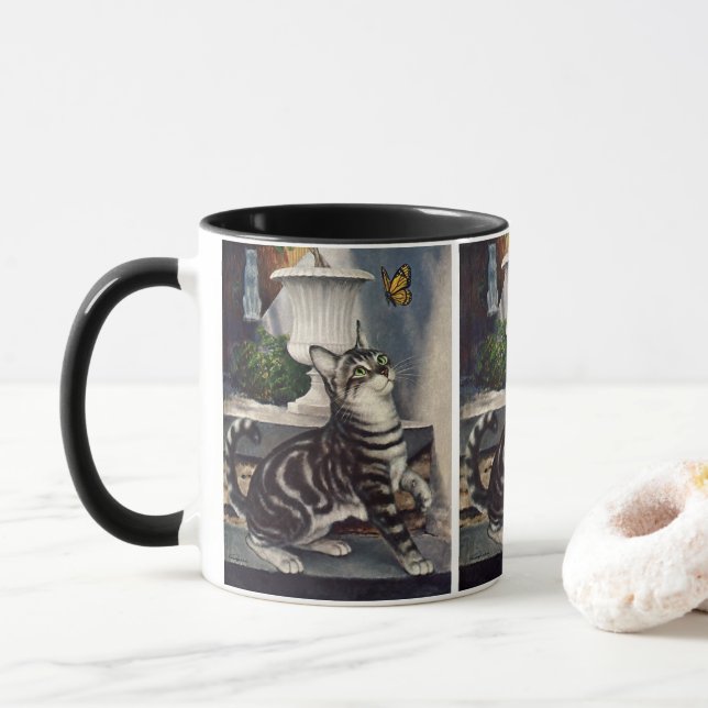Vintage Tiere, Niedlicher Tabby Cat und Schmetterl Tasse (Mit Donut)