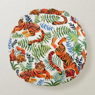 Vintage-Tiger-Dschungel-Aquarell Rundes Kissen