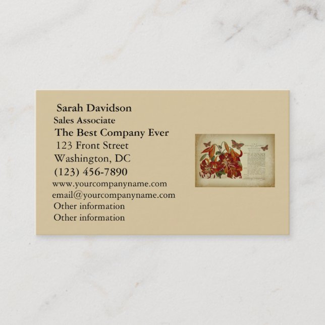 Vintage Tiger-Lilien-botanische Illustration Visitenkarte (Vorderseite)