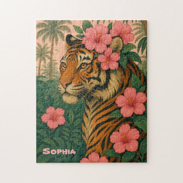 Vintage Tiger Puzzle with Pink Tropical Flowers (Vertikal)