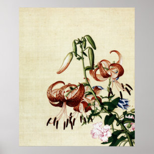 Vintage Tigerlilien- und Pfingstrosen-Chinoiserie- Poster