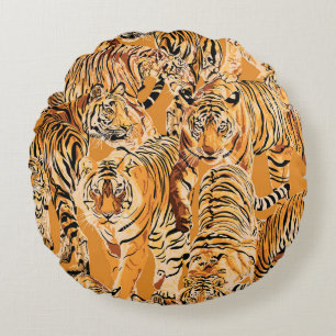 Vintage-Tigersafari-Wildlife-Muster Rundes Kissen