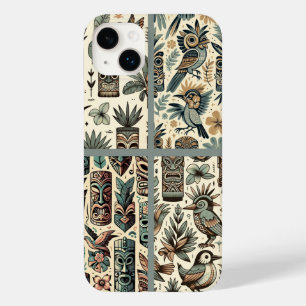 Vintage-Tiki-Masken und Vögel in Graugrün Case-Mate iPhone 14 Plus Hülle