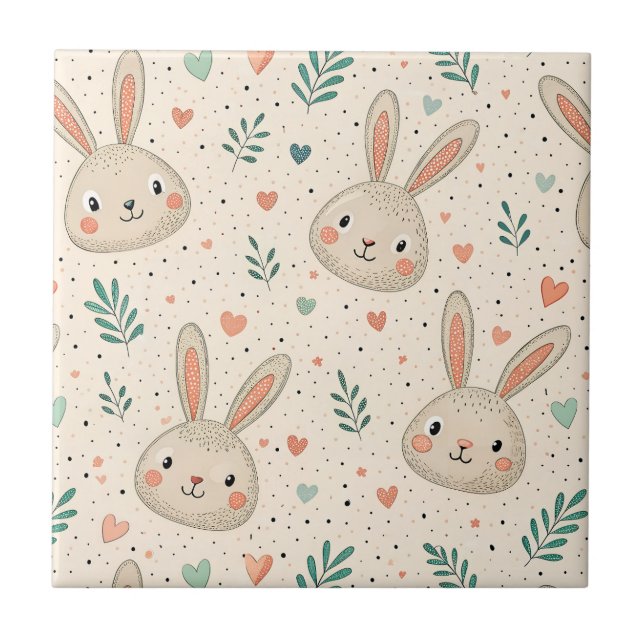 Vintage Tiny Bunny Faces with Roses Pattern Fliese (Vorderseite)
