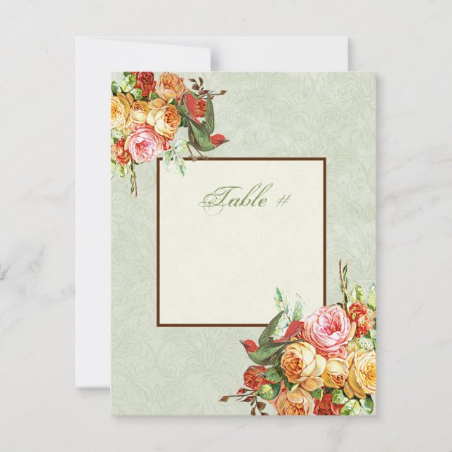 Vintage Tischnummer-Karte Vögel der Rose n Einladung (Vorderseite)