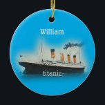 Vintage Titanic Ocean Liner Boy Blue Name Ship Keramik Ornament<br><div class="desc">Vintage Titanic Ocean Liner Blue Name Schiff Ornament. Vintage White Star Line RMS Titanic in Blue für Jungen,  die Titanic Liebe. Personalisieren Sie sich,  um ein einzigartiges Weihnachtszuhause zu schaffen.</div>