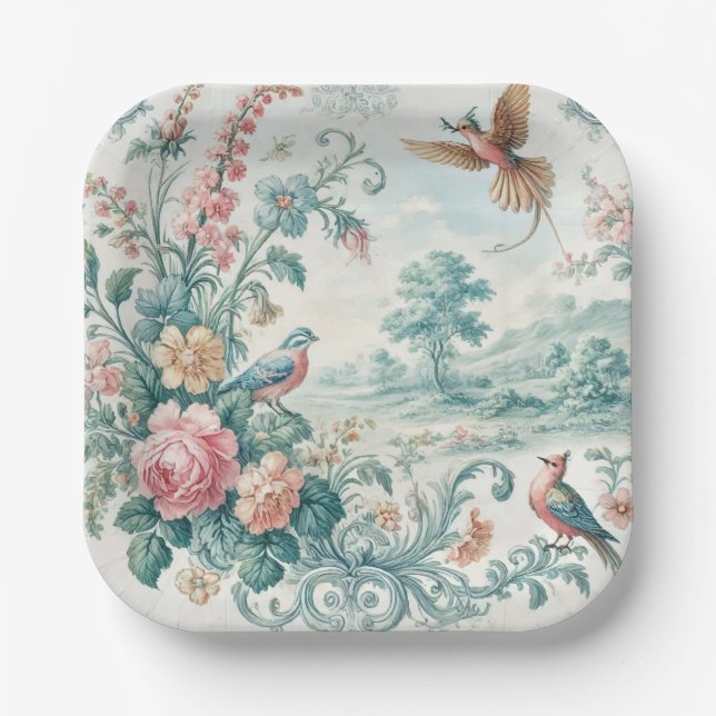 Vintage-Toile-Blumen Pappteller (Vorderseite)