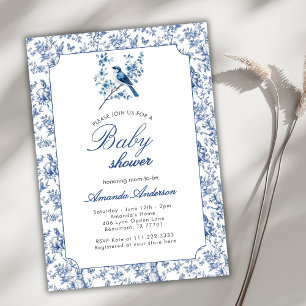 Vintage Toile De Jouy Blaues Hase-Vogel-Baby-Taufe Einladung