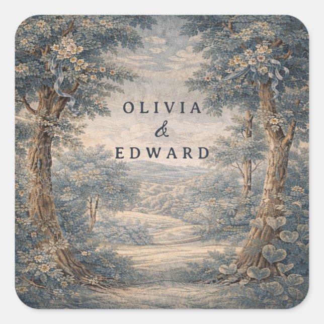 Vintage Toile Wedding Tapestry Romantic Woodland  Quadratischer Aufkleber (Vorderseite)