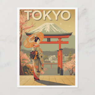 Vintage Tokio Kirschblüten Fuji Postkarte
