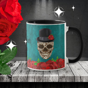Vintage Top Hat-Rote Rosen Bläschen Zucker Schädel Tasse