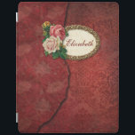 Vintage Tornroten Damaskus und Rose Personalisiert iPad Hülle<br><div class="desc">Ebenen aus gealtertem rotem Damast mit abgerissener Kante,  vergoldetem filigranem Rahmen und Vintagen Rose. Anmerkung: Skulptierte,  eingravierte,  geprägte und dimensionale Effekte,  geschichtete,  gealterte oder erodierte Erscheinung,  Texturen und Schatten digital erzielt. Das eigentliche Produkt hat eine flache Oberfläche.</div>