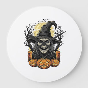 Vintage-Totenkopf-Hexe-Halloween-Kürbis-Vektor-Des Große Wanduhr