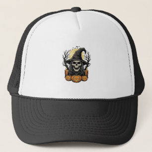 Vintage-Totenkopf-Hexe-Halloween-Kürbis-Vektor-Des Truckerkappe