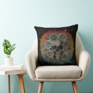 VINTAGE-TOTENKOPF UND BLUMEN SCHWARZ-WEIß KISSEN