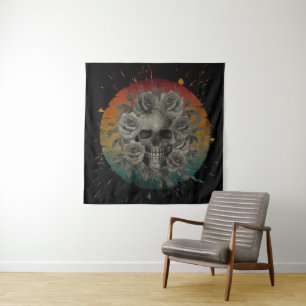 VINTAGE-TOTENKOPF UND BLUMEN SCHWARZ-WEIß WANDTEPPICH