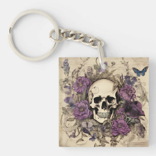 Vintage-Totenschädel und violette Blumen Schlüsselanhänger