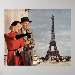 Vintage Touristen, die im Pariser Eiffelturm reise Poster