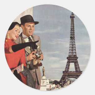 Vintage Touristen im Eiffelturm, Pariser Urlaub Runder Aufkleber