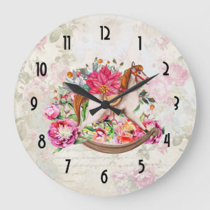 Vintage toy horse with Poinsettia Bouquet Große Wanduhr