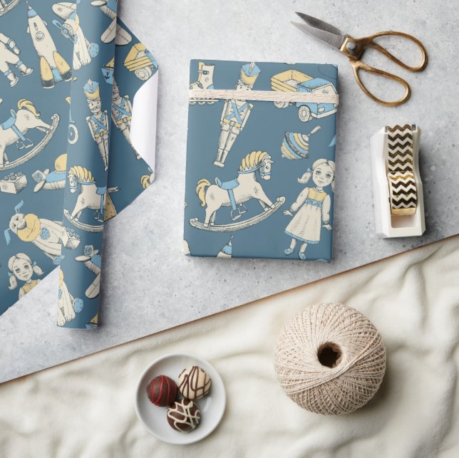 Vintage Toy Pattern Blue/Yellow ID783 Geschenkpapier (Kunsthandwerk)