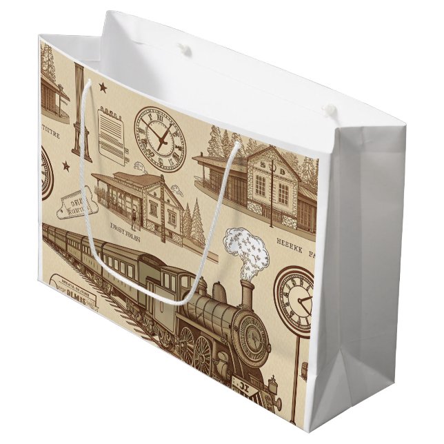 Vintage Train Station Pattern (1) Große Geschenktüte (Vorderseite Schrägansicht)