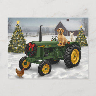 Vintage Traktor Hund Katze Feiertagspostkarte