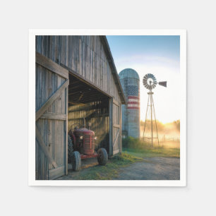 Vintage-Traktor mit Windmühle und Silo Serviette