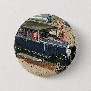 Vintage Transport, Auto am Dock am Ozean Button
